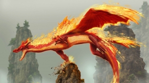 Dragón en llamas volando sobre rocas